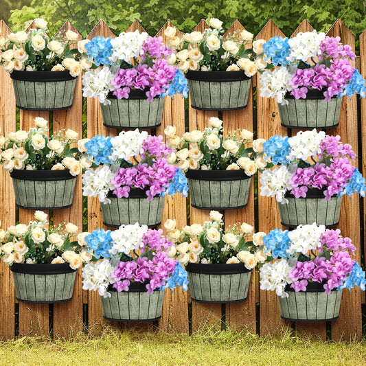 Romooa 12 Pcs Wall Hanging Planters Outdoor Wine Barrel Planter Distressed Oak Thickened Plastic Water Storage Flower Pots for Plants Flower Indoor Outdoor Railing Fence (Green Color,10 Inch)