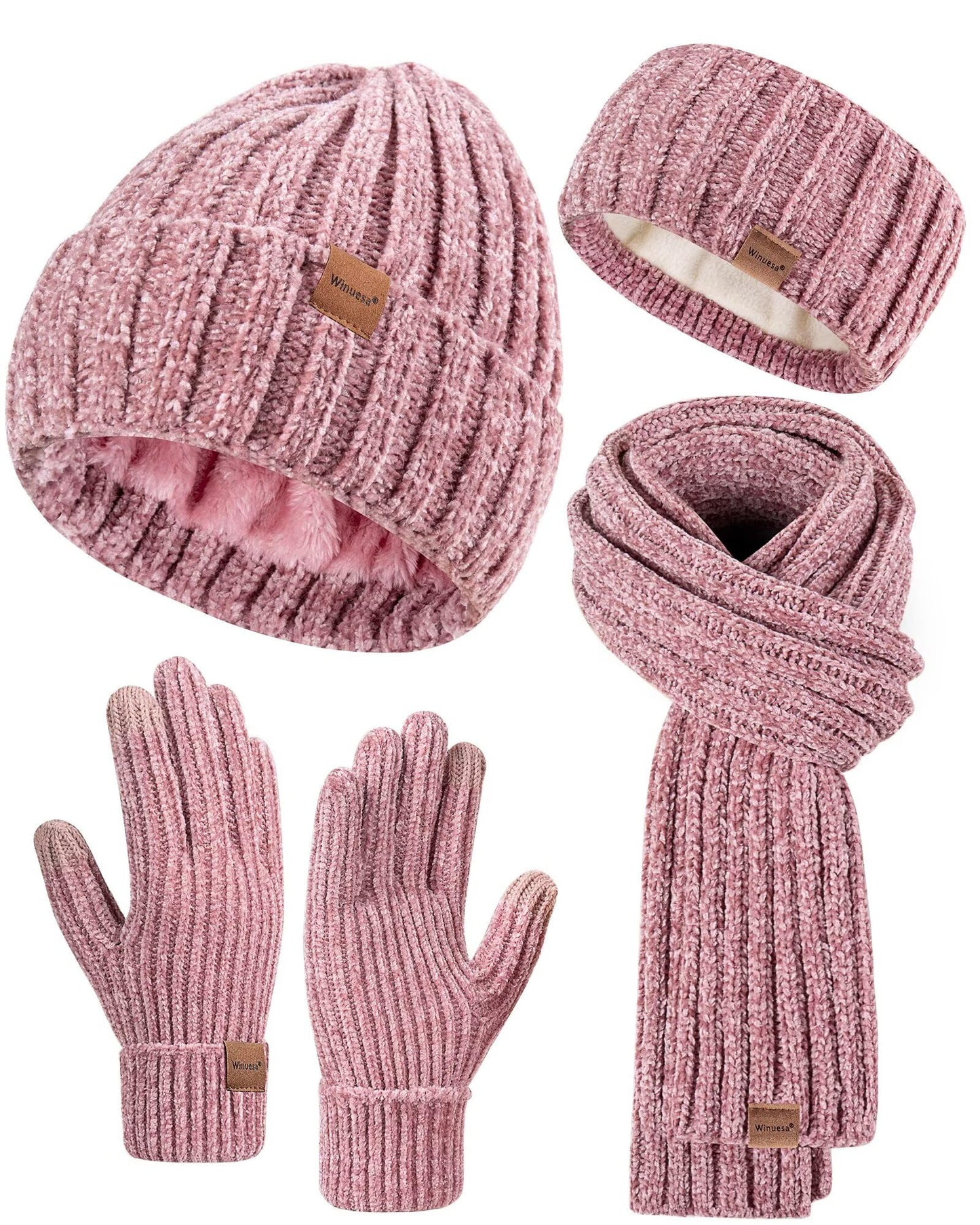 Women Beanie Scarf Gloves Headband Set, Chenille Winter Hats Fleece Lined Ear Warmer Knit Scarf Touchscreen Gloves 4 Gift Set