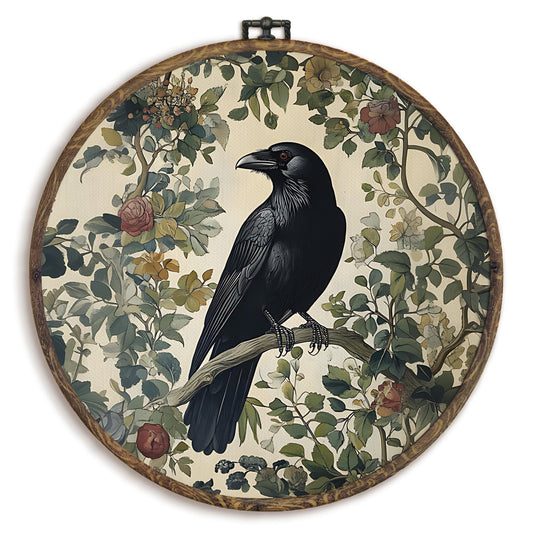 KFXHANGD Gothic Black Raven Crow Round Wall Art Framed, Vintage Dark Academia Raven Botanical Canvas Wall Art Decor, Moody Crow Hanging Decor for Bedroom Living Room, 10x10inch