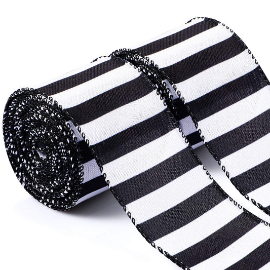 Chuangdi 2 Rolls 20 Yards 2.5 Inch Black and White Wired Ribbon Stripe Burlap Wired Ribbon for Gift Wrapping Craft Wreath Bows Fall Christmas Decor