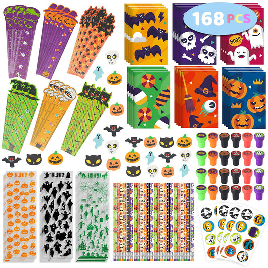 SpringFlower 168pcs Halloween Party Favors For Kids, Halloween Stationery set , Halloween Goody Bag Fillers including Pencil, Eraser, Ruler, Notepad, Stamper, Sticker For Trick or Treat