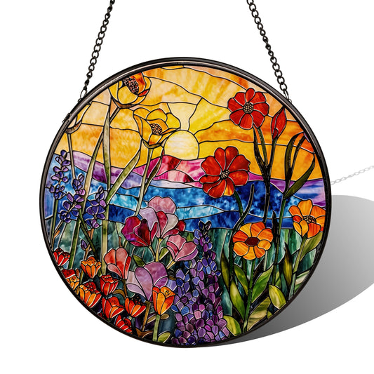 Stained Glass Sun Catcher,Wild FlowersStained Glass Window Hanging Garden Decor,Sun Catchers Indoor Window,Whimsical Decoration for Home Backyard Patio Lawn Porch with 9.8 INCH