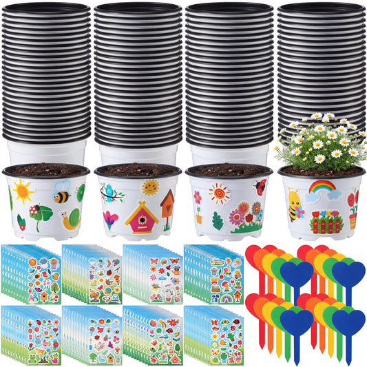RimCereal 100 Sets Garden Pot Craft Kit, Flower Plant Spring Craft Including Plastic Nursery Plant Pots Labels Tags Stickers for DIY Flower Planting Growing Birthday Arts Kit (Simple)