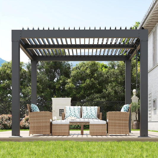 10x10 FT Louvered Pergola Outdoor Pergola with Roof, Adjustable Aluminum Louvers, Drainage System, Patio Gazebo, Pergolas for Patios, Garden & Backyard Outdoor Shade