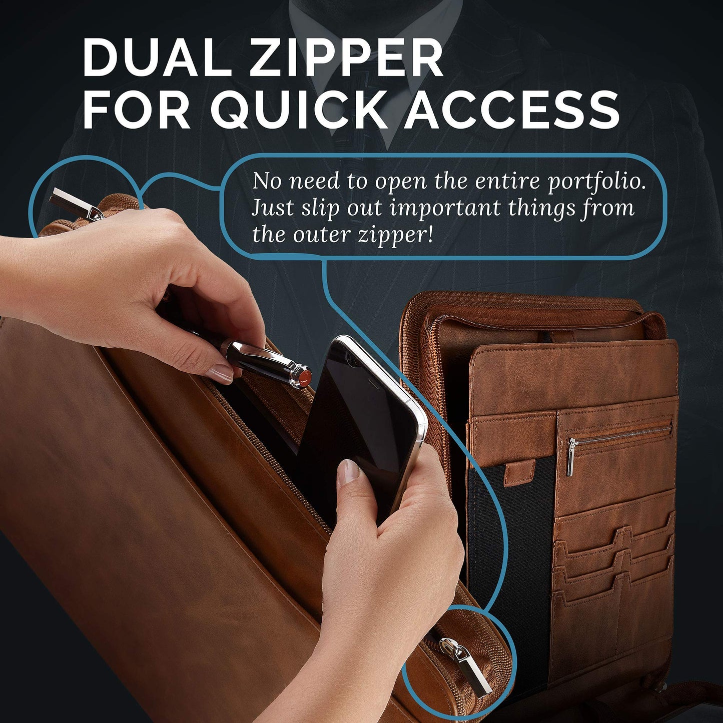 NERO MANETTI- Zippered Vegan Leather Padfolio/Portfolio Pad Holder-Business PU Leather Notepad Folder for Resumes, Interviews, iPad/Tablet, Phone, Legal Pad Notebook Executive Binder for Women, Men