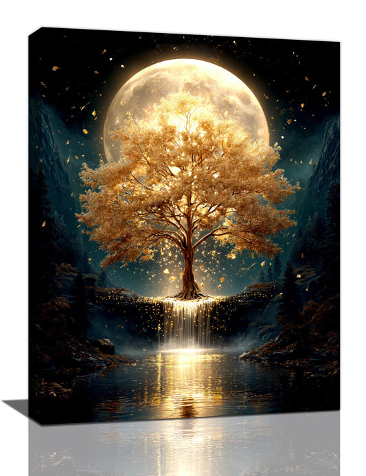 Golden Tree Wall Art Fantasy Tree with Moon and Waterfall Canvas Wall Decor Pictures Paintings Prints Mystical Nature Artwork Framed De corations For Meditation Space Bathroom Bedroom Living Room Office Gifts 12" x 16"