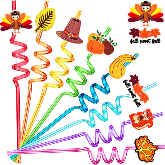 Thanksgiving Decorations for Party 24pcs Reusable Drinking Straws Thanksgiving Party Favors Turkey Straws for Fall Maple Leaf Autumn Party Supplies