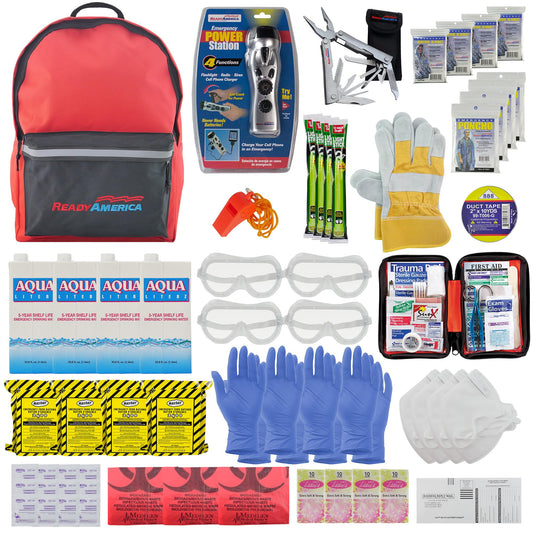 Ready America 72 Hour Deluxe Emergency Kit, 4-Person 3-Day Backpack, First Aid Kit, Survival Blanket, Power Station, Emergency Food, Portable Disaster Preparedness Go-Bag for Earthquake, Fire, Flood