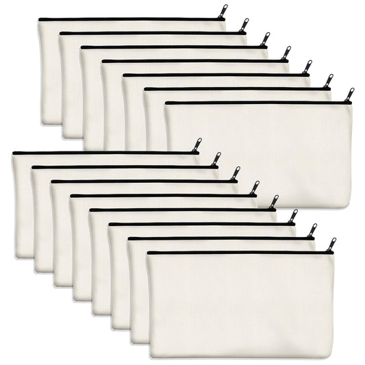 Vantasii 15 Pack Blank Cotton Canvas DIY Craft Zipper Bags Pouches Pencil Case for Makeup Cosmetic Toiletry Stationary Storage (off white, 8.3” x 4.7”)