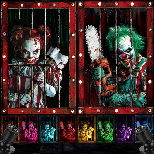 SmoothNovelty 2 Pcs Halloween Clown Curtain with Spot Lights Window Silhouette Decoration Blood Ghost Window Cover Horror Theme Poster for Indoor Outdoor Party Wall Garage Door Decor