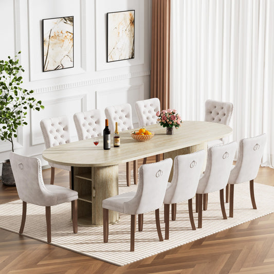 11 Piece Extendable Dining Table Set with 10 Beige Upholstered Chairs, 63"-95" Faux Mars Oval Kitchen Table Set with Storage for 10, Space-Saving Expandable Dining Room Table Set with Wood Fluted Base
