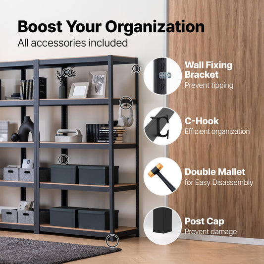HOMEDANT House 24.4" W 5 Tier Heavy Duty Garage Shelving Adjustable Metal Rack Storage Shelves Standing Shelf Unit Organizers Pantry Closet Office Black 1Pack