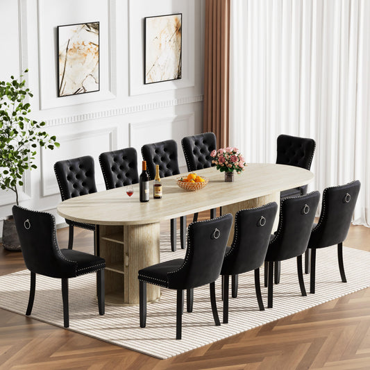 11 Piece Extendable Dining Table Set with 10 Black Upholstered Chairs, 63"-95" Faux Mars Oval Kitchen Table Set with Storage for 10, Space-Saving Expandable Dining Room Table Set with Wood Fluted Base