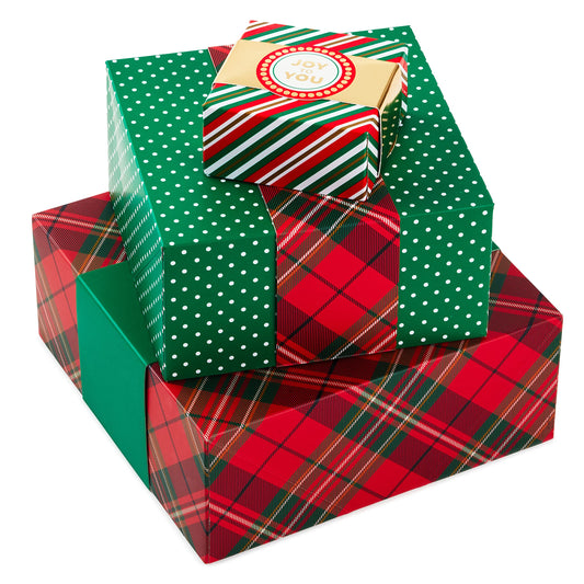 Hallmark Christmas Gift Boxes 3-Pack Assorted Sizes (Red & Green Stripes, Plaid, Polka Dots) for Hostess Gifts, Holiday Parties, Wrapped Treats