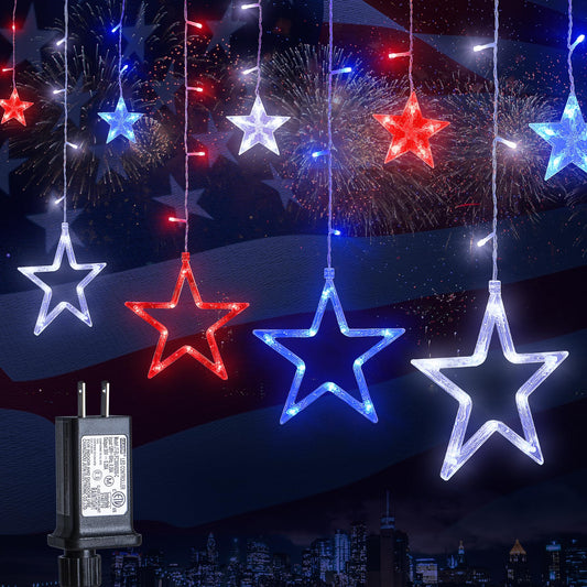 MYGOTO Patriotic Star Icicle Lights, 8.2ft 126LED, Waterproof, 8 Modes, Red White Blue, Model QX-U-O-I-126-1-RWB