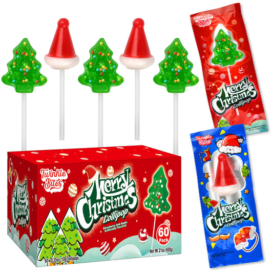 60 Pack Christmas Lollipops - Individually Wrapped Christmas Holiday Themed Hat And Tree Lollipops - Colorful Red & Green Designs & Delicious Flavor -Bulk Candy Use For Stocking Stuffers, Party Favor, Classroom & Office Treats, Candy Jar Fillers