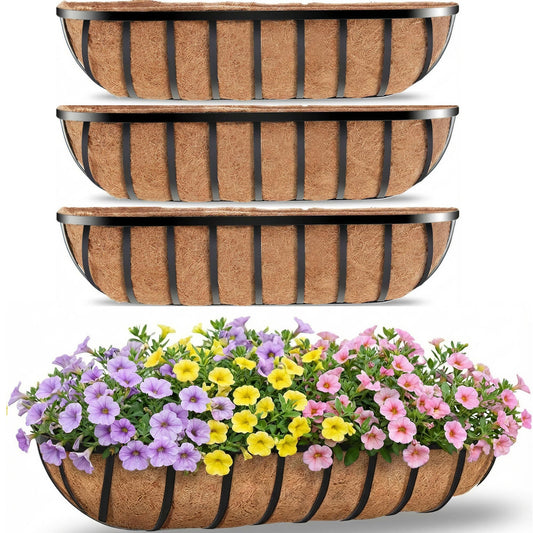 HFHOME 30" Deck Railing Planter Box with Horse Trough Coco Liners, Black Window Box Metal Hanging Flower Planters Baskets for Indoor, Outdoor, Balcony, Porch, Fence, Patio, and Lawn (Set of 4)