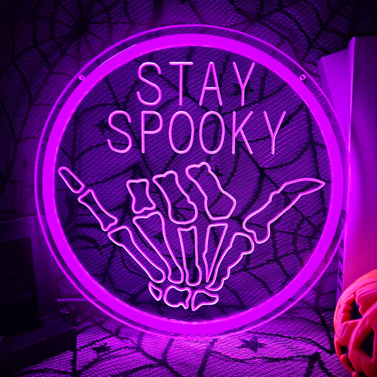 Jeanchrl Stay Spooky Neon Sign Halloween Neon Lights for Wall Decor Hanging Skull LED Signs for Bedroom Game Room Man Cave Stay Spooky Neon Art Signs for Halloween Party