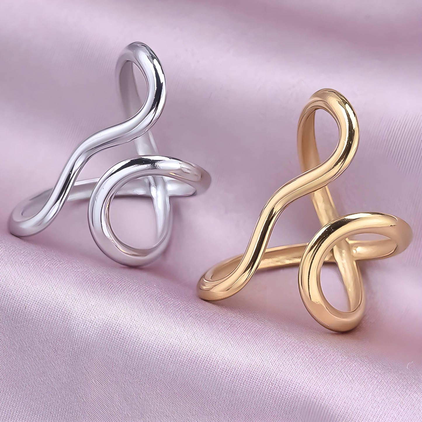 AIETUE Chunky Rings For Women, Gold Silver Thumb Ring Asymmetrical Wavy Curve Ring Adjustable Non Tarnish Dainty Stainless Steel New Year Anniversary Birthday Jewelry Gift (Wavy Gold 2Pcs)