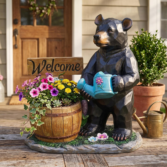 elesculor Black Bear Garden Statue Planter with Welcome Sign & Watering Can, Resin Outdoor Flower Pot, Decorative Animal Planter for Patio, Yard, Lawn, Cabin Decor