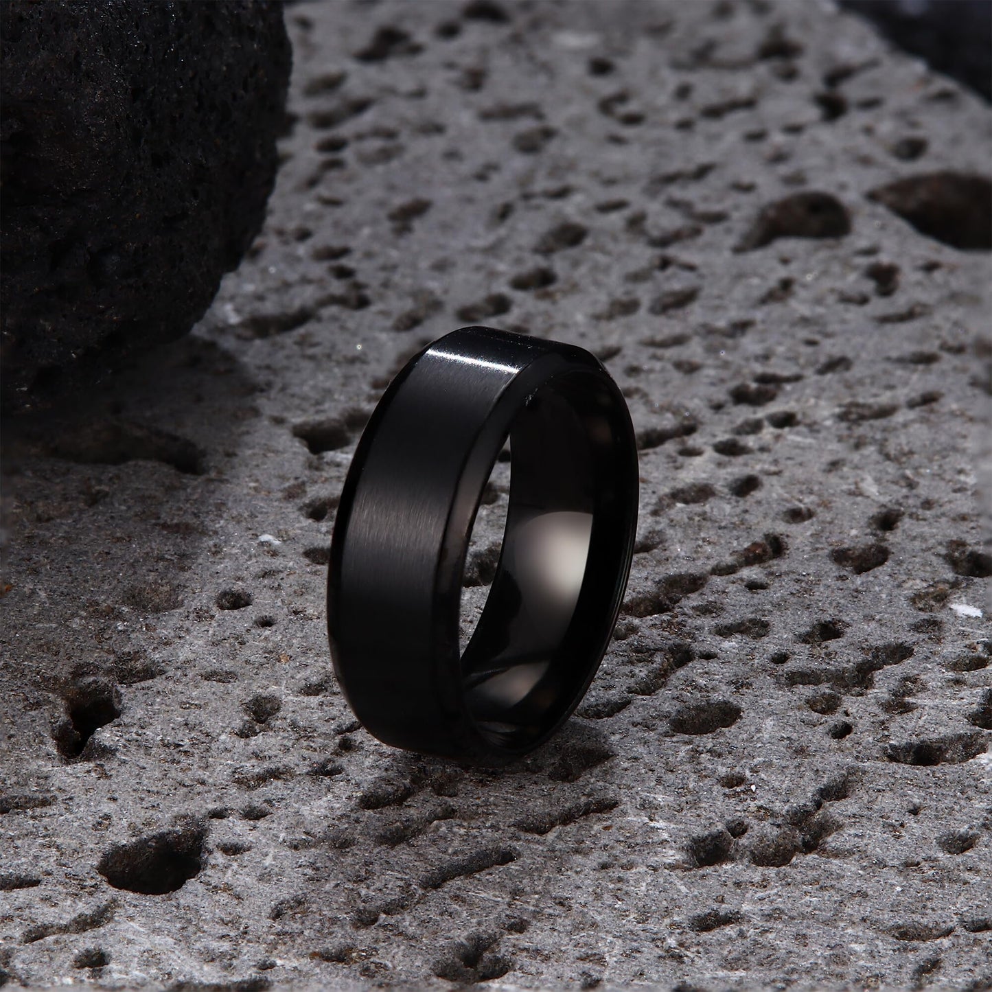 Jstyle Stainless Steel Rings for Men Women 8MM Wedding Band Rings Matte Surface - Beveled Polished Edge Mens Ring Size 9.5 Black Ring for Men