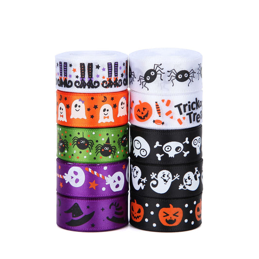 Meseey 50 Yards Halloween Ribbon - 5/8 Inch Spider Web Skull Pumpkin Bat Hocus Pocus Witch Legs for Gift Wrapping Hair Bows Party Decor