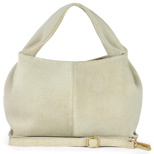 Italian Genuine Suede Shoulder Bag for Women with Sculpted Top Handle & Detachable Strap | Medium Designer Handbag (Beige)