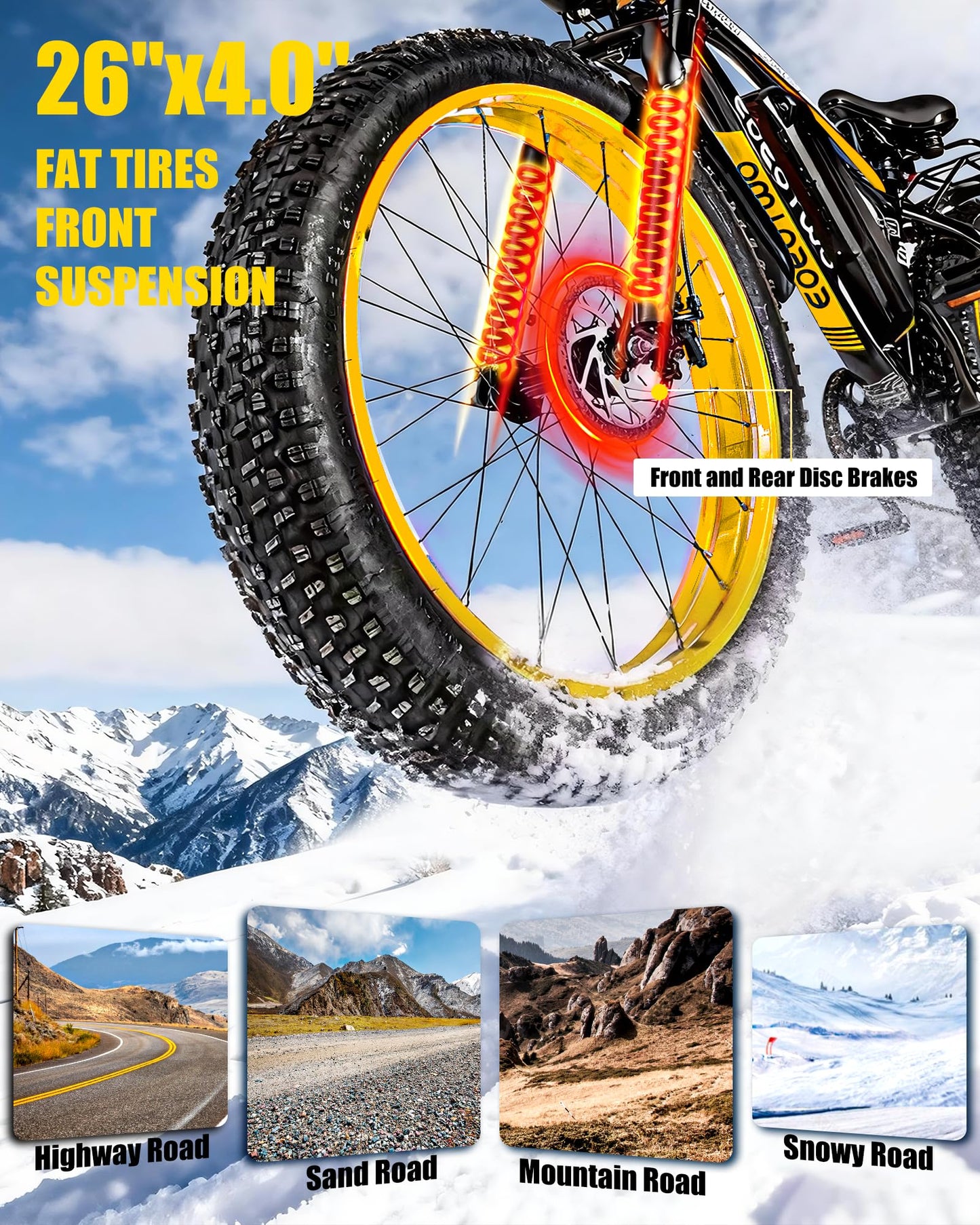 EOEOTWO Electric Bike for Adults,1500W Peak Motor E Bikes, 26" Fat Tire Electric Bicycle, 30/33 MPH 60/70 Miles All Terrain E Bikes E Bike, Removable Battery, Dual Brake, 7 Speed, Yellow ﻿ ﻿