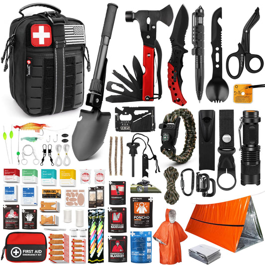 Survival First Aid Kit, 190 Pcs Survival Gear and Medical Supplies, Military IFAK EMT Molle Tactical Pouch for Outdoor, Camping, Hiking, Car, Vehicles and More (Black)