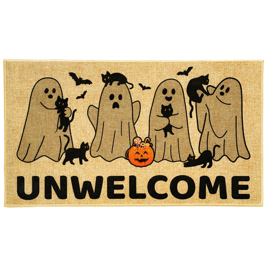Kazova Unwelcome Doormat Funny Ghost Boo 17x30 Inch Non Slip Washable Linen Indoor Outdoor Rug for Introvert Home Office Front Door Entryway