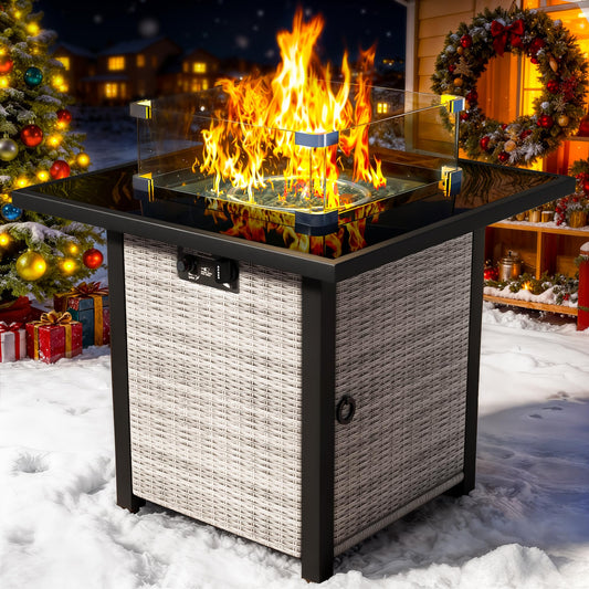 Propane Fire Pit Table, Outdoor Fire Pit Table, 27" Rattan Square Outdoor Gas Fire Pit with Glass Wind Guard, Tempered Glass Tabletop, Lid, CSA Listed, 50,000 BTU for Outside Patio Deck & Garden