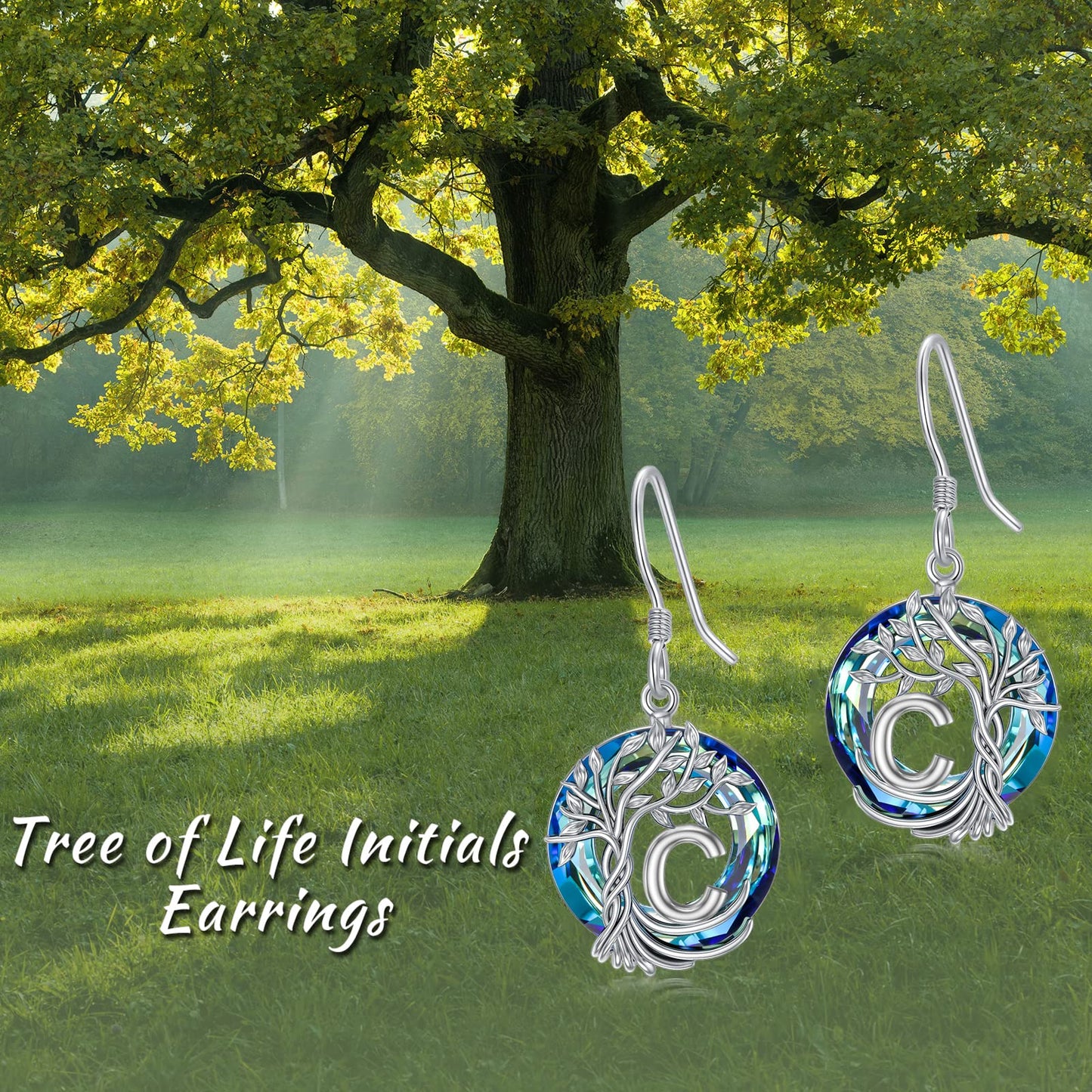TOUPOP Tree of Life Initial Earrings Sterling Silver Initial C Letter Drop Dangle Earrings Blue Circle Crystal Family Tree Jewelry Birthday Mothers Day Gifts for Women Mom Her