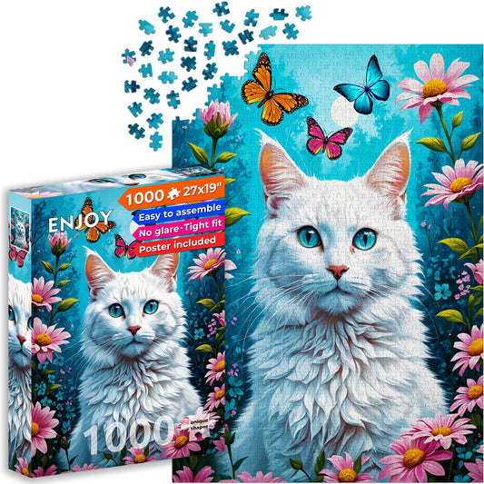 1000 Piece Jigsaw Puzzle for Adults - White Cat in Colorful Floral Garden, Matte Anti-Glare, Unique-Shape Pieces, 2mm Board, Frame-Worthy 27x19 in Gift for Women | Enjoy Complete-Set Guarantee
