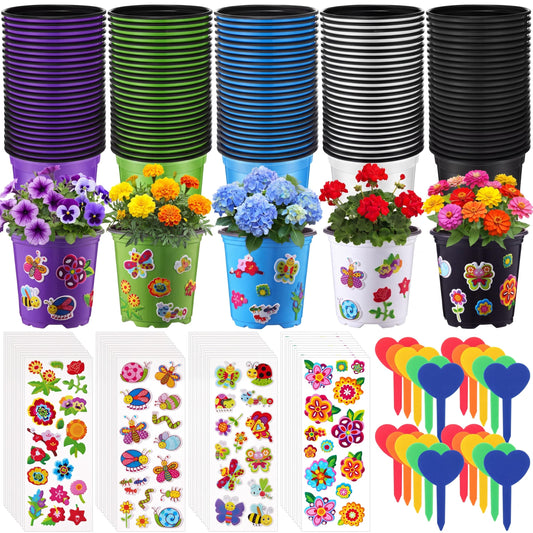 RimCereal 150 Sets Garden Pot Craft Kit Bulk DIY Flower Planting Kit Including Plastic Nursery Pots Labels and Stickers for Flower Planting Growing Garden Supplies(Colorful)