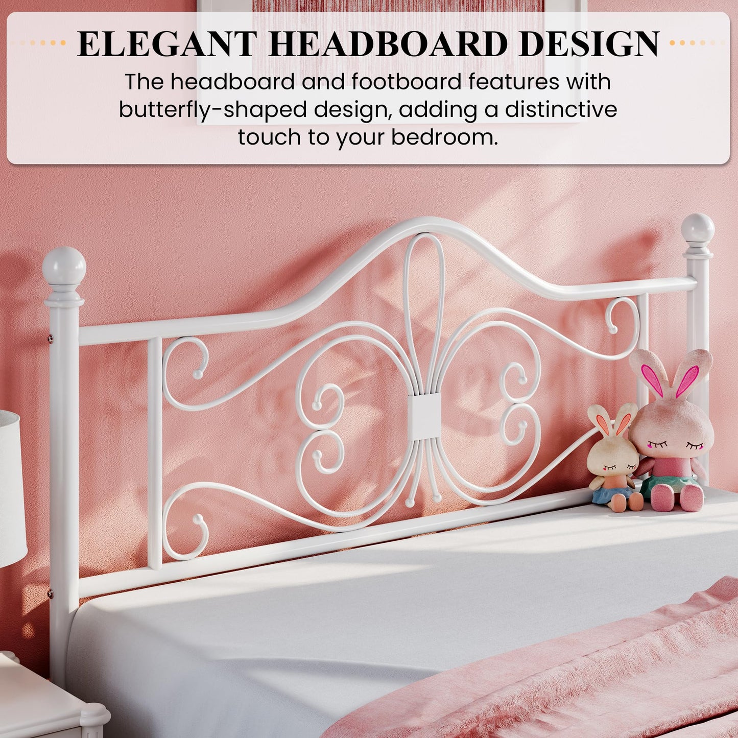 SHA CERLIN Full Size Bed Frame with Headboard,Metal Bed Frame with Butterfly Pattern Design Headboard & Footboard,No Box Spring Needed,Easy Assembly,White