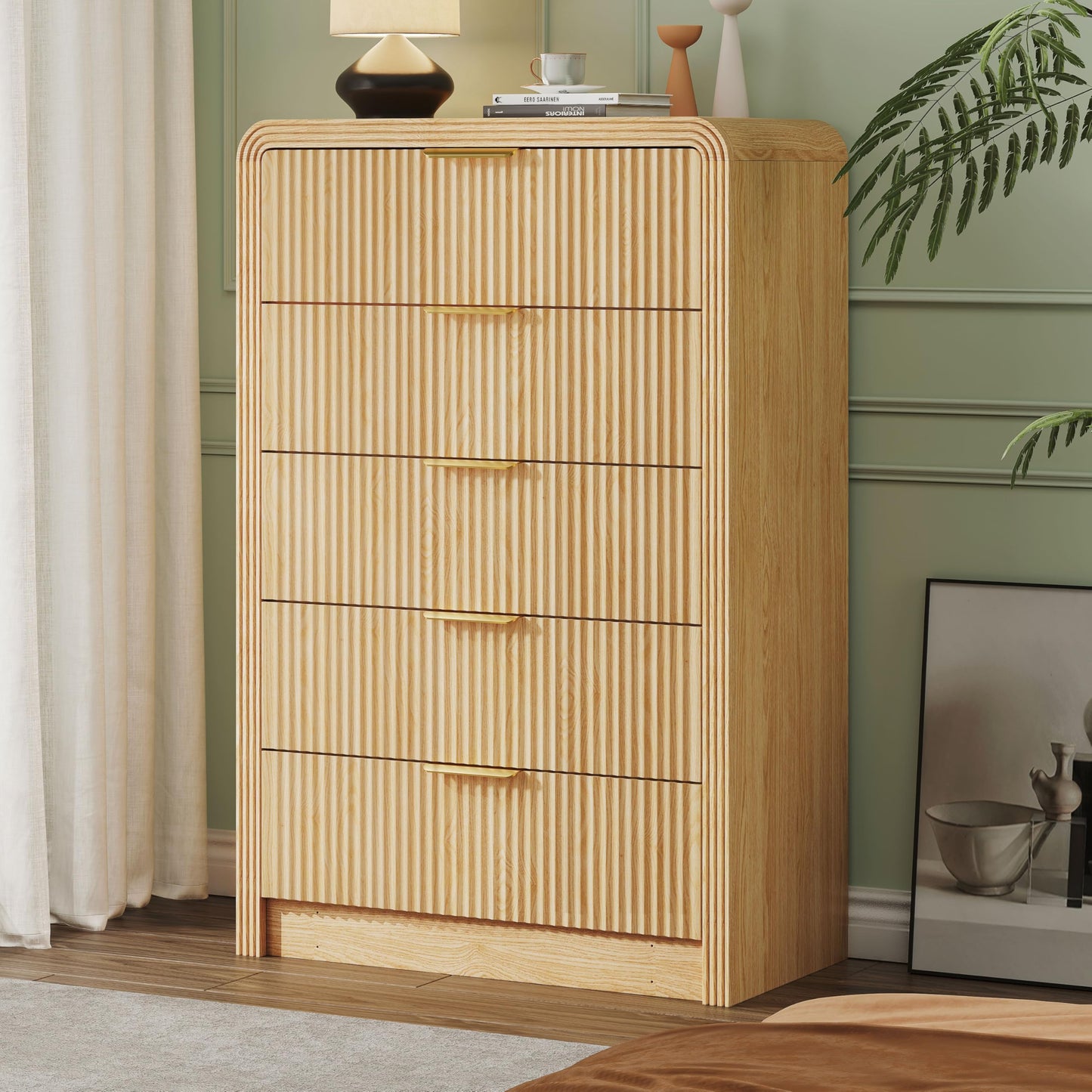 Decofy Fluted 5 Drawers Dresser, 48" Tall Modern Chest of Drawers with Round Edge & Metal Handle, Wood Drawer Organizer for Living Room, Bedroom, Entryway, Hallway (Natural Oak)