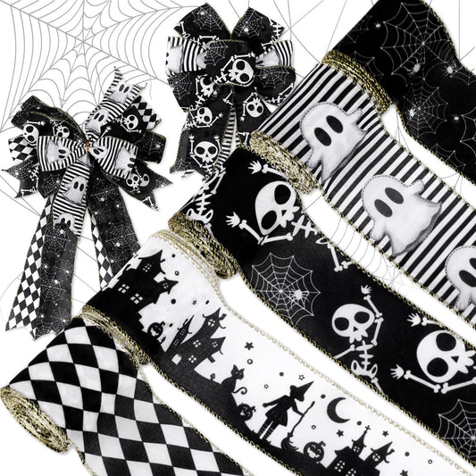 JarThenaAMCS 5 Roll Halloween Wired Edge Ribbon - 2.5 Inch, 30 Yards Ghost Skeleton Spider Web - White & Black Spooky Gift Wrap Ribbon for Bow, Wreath, Craft & Party Decor