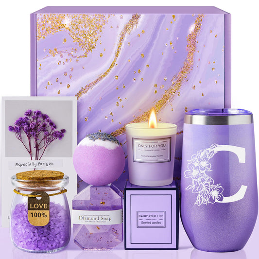 Gifts for Women, Mom, Wife, Girlfriend, Sister, Friends Her - Unique Birthday, Christmas, Valentine's Day, Mothers Day Gifts, Wedding Gift - Initial Lavender Spa Gift Basket Box (C)