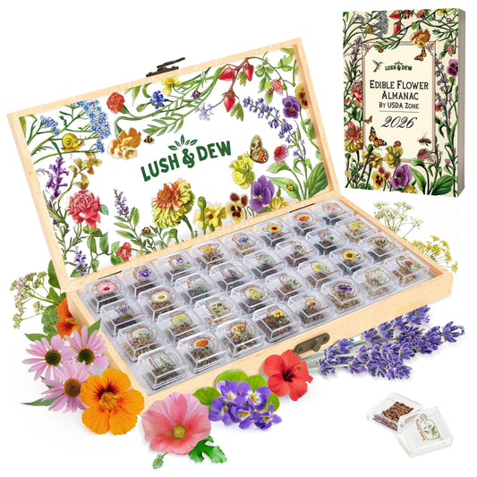 Lush&Dew Edible Flower Seed Bank with Almanac, Gardening Gifts for Women Men, 32 Types 30,000+ Non-GMO Heirloom Seeds for Planting Culinary Flowers, Survival Seed Kit, Annual Perennial, Zone 3-11