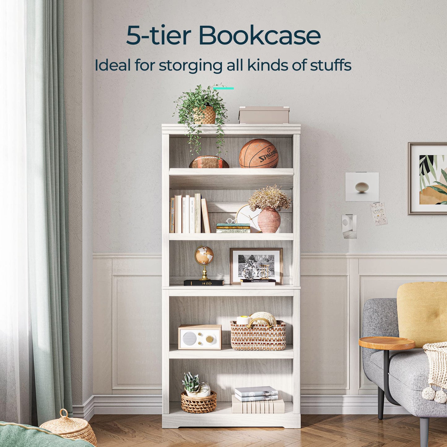 LINSY HOME 5-Shelf Bookcase, Bookshelves Floor Standing Display Storage Shelves 68 in Tall Bookcase Home Decor Furniture for Home Office, Living Room, Bed Room - White Oak