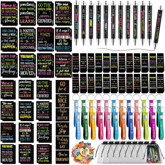 Pasimy 218 Pcs Inspirational Stationery Gifts Motivational Mini Notepad Pen Quote Bookmarks Stress Relief Stickers Inspiring Silicone Keychains for Home Office Appreciation Gift(Dark)