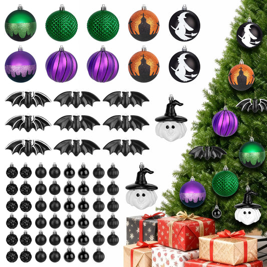 68pcs Christmas Balls Ornaments,Shatterproof Halloween Christmas Tree Decorations Clearance Hanging Ball Ornaments Set with Bat and Witch Decor for Party Indoor Home Decor