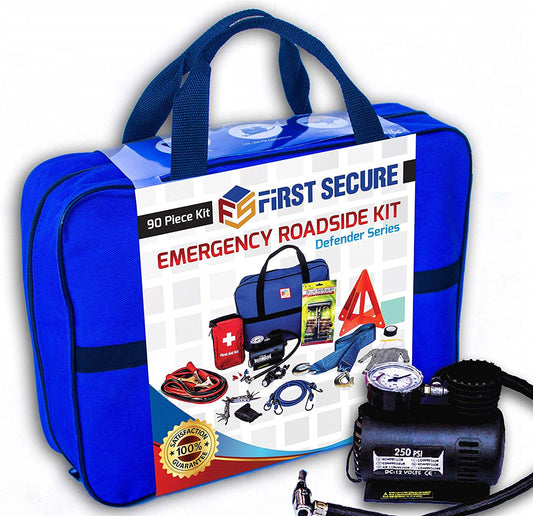 Car Emergency Kit with Air Compressor, Jumper Cables, First Aid, Tow Strap, Tire Gauge, Headlamp – Roadside Safety Kit for Women, Men, Teens