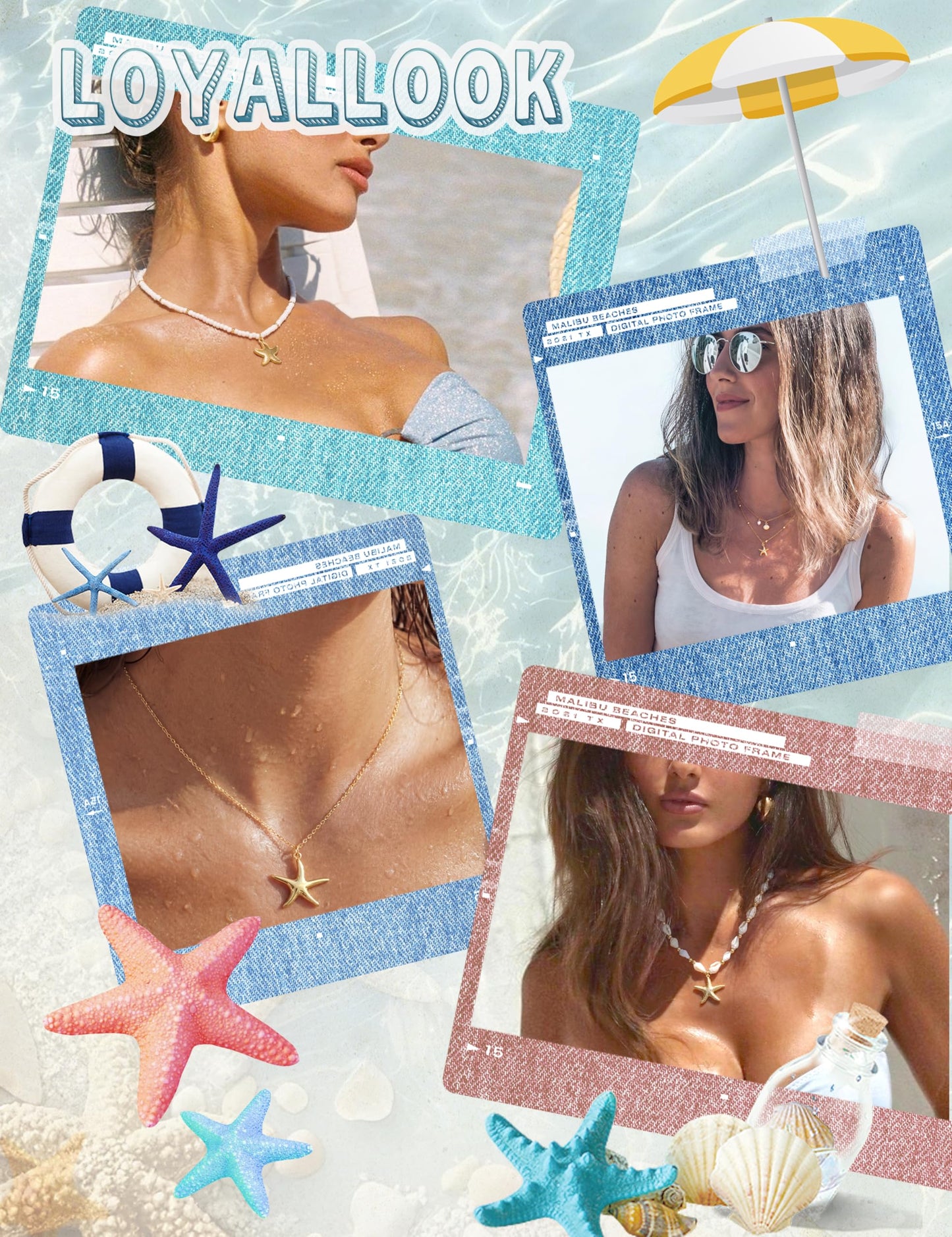 LOYALLOOK Starfish Necklace for Women, 14k Gold Plated Dainty Starfish Charm Necklace Stack, Non Tarnish Waterproof Gold Beach Accessories for Summer Vacation