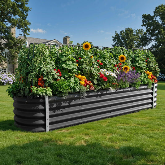 YITAHOME 8x2x1.5ft Raised Garden Bed Kit, 17" Tall 9 in 1 Large Galvanized Metal Planter Box with Gloves & Safety Rubber, Outdoor Flower Bed for Plants Vegetables Flowers, Black