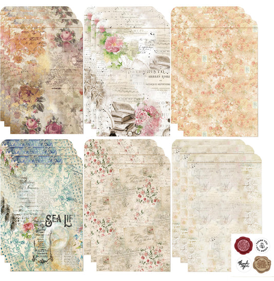 TOTUUYO Vintage Kraft Envelope 18 Sheets Floral Pattern with 24 Sealing Stickers for Greeting Card Envelopes Weddings Invitations Photos Postcards Storing Mailing 3.9 x 6.3 Inches - 6 Design (Flora)