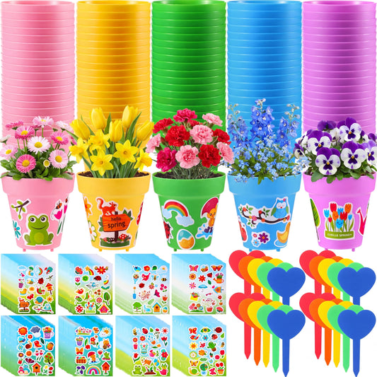 RimCereal 100 Sets Garden Pot Craft Kit, Flower Plant Spring Craft Including Plastic Nursery Plant Pots Labels Tags Stickers for DIY Flower Planting Growing Birthday Arts Kit (Macarons)