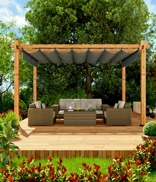 10' X 13' Aluminum Pergola Faux Wood Outdoor Pergola with Retractable Canopy Metal Pergolas Shelter for Backyard, Deck, Patio, Garden Porch Beach Sun Shade Pavilion Grape Trellis Grill, Gray