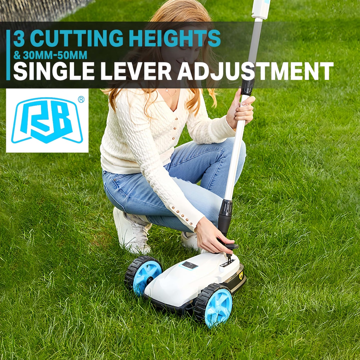 RB 9" Small Lawn Mower for Small Spaces, 40V 2Ah Battery & Charger, Ultra-Light Mini Cordless Lawn Mower with Brushless Motor, 3 Cutting Heights, One-Hand Steering, Upright Storage for Tiny Yards
