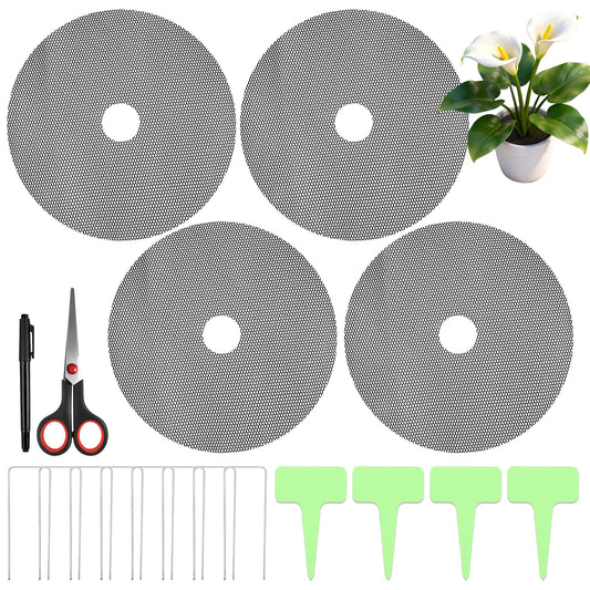 Pletpet 4 Pcs 15.7 Inch Plant Pot Soil Covers Protectors, Pot Grids for Plants Protection with 1 Marker Pen, 1 Scissors, 4 Plant Labels and 8 U-Shaped Garden Stakes
